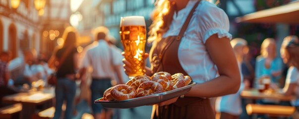 Woman in dirndl carrying a tray of pretzels and beers through the crowd.