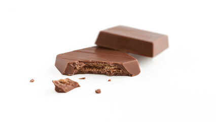 Milk chocolate pieces on a white background