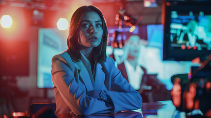 Fototapeta premium News reporter updating local news in studio news