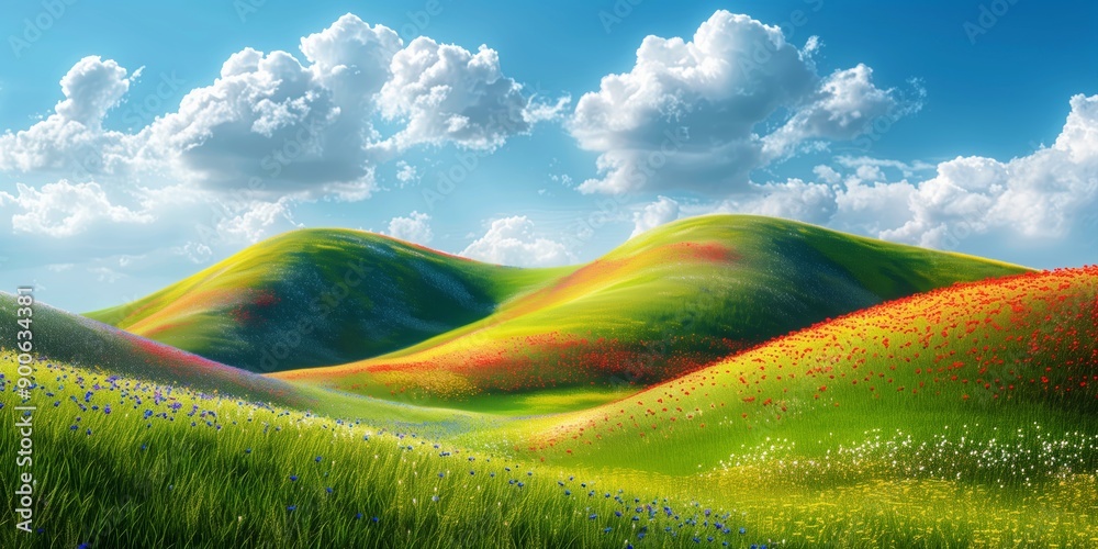 Wall mural  Rolling summer hills with vibrant green fields and wildflowers