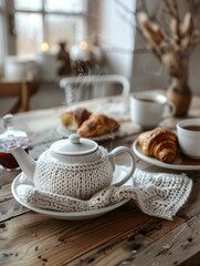 Fototapeta premium Teapot with knitted cozy, croissant, and tea on rustic table.