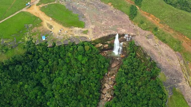 Aerial view of meghalaya dainthlen falls in India. The beautiful landscape view of east khasi hills cherrapunji mawsynram reserve forest in meghalaya India.