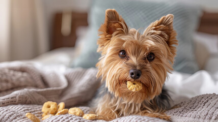 Cute Yorkshire Terrier eating snacks on a cozy bed.