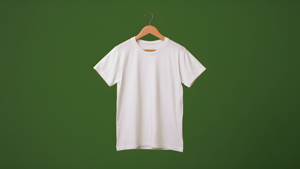 A white t-shirt hanging on a green background
