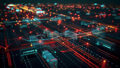 Interactive Digital Supply Chain Interface, cutting-edge digital interface displaying a network of transportation routes and logistics supplier connections, effective supply chain management.