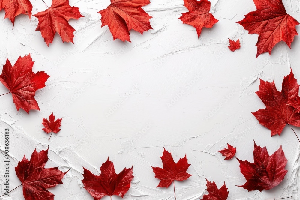 Sticker Vibrant red maple leaves bordering a textured white surface, ideal for fallthemed backgrounds