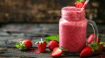 Photo of appetizing healthy summer strawberry milkshake or smoothie with fresh strawberries in a glass jar on a wooden table. Healthy food and drink concept. Copy space, place for text. Generative AI.
