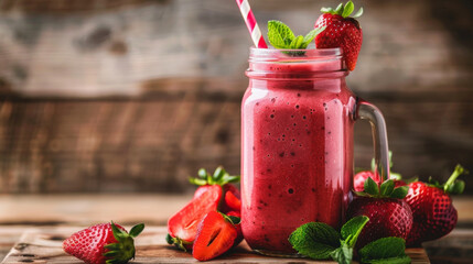 Photo of glass jar with appetizing healthy summer strawberry milkshake or smoothie with  strawberries on a wooden table. Healthy food and drink concept. Copy space, place for text. Generative AI.