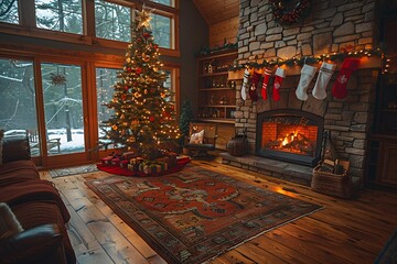 a room with a fireplace and a christmas tree.