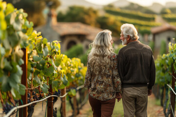 Loving elderly couple enjoys a serene walk among lush grapevines, holding hands as they explore the beauty of vineyards at sunset. Happy retirement concept