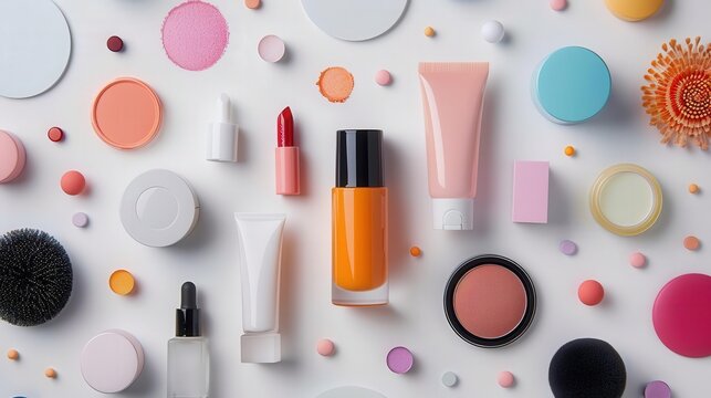 A vibrant array of beauty products and accessories displayed artistically on a white background, perfect for cosmetic themes.