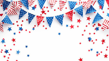 Red, white, and blue bunting flags and confetti create a festive and patriotic scene on a white background