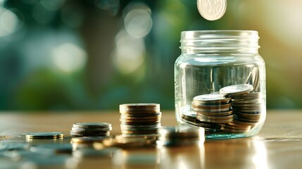 Saving for a Brighter Tomorrow: A glass jar brims with coins, a testament to financial discipline and the promise of future prosperity, set against a warm, bokeh-filled background. 