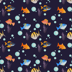 Bright pattern with colorful sea and ocean fish and corals