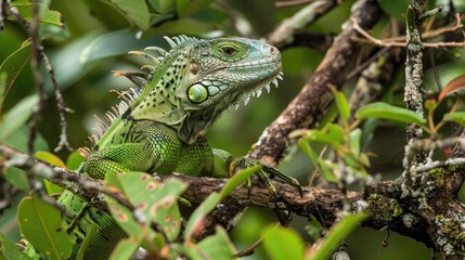 Green Iguana Perched on a Branch in Lush Foliage