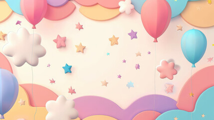 Whimsical pastel-themed decor with balloons, stars, and clouds, creating a dreamy and cheerful atmosphere perfect for celebrations