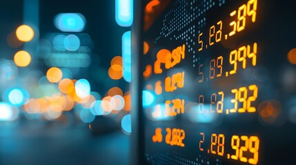 City Lights, Stock Market Fluctuations: A close-up of a digital stock ticker in a bustling cityscape, showcasing the dynamic nature of financial markets against a backdrop of blurred city lights.  