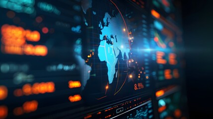 Global Network: A futuristic interface showcasing a world map, pulsing with data and connections, representing global reach, interconnectedness, and technological advancement.  