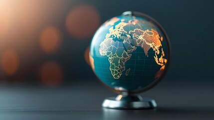 Global Connections: A close-up shot of a miniature globe, bathed in warm, inviting light, symbolizing the interconnectedness of our world. The globe's continents are outlined in a soft glow, hinting a