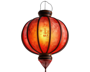 A red lantern with a yellow light inside. The lantern is hanging from a hook