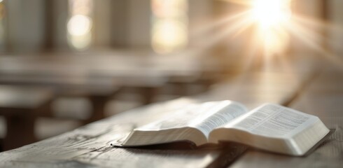 Open Bible on Wooden Table in Sunlit Room