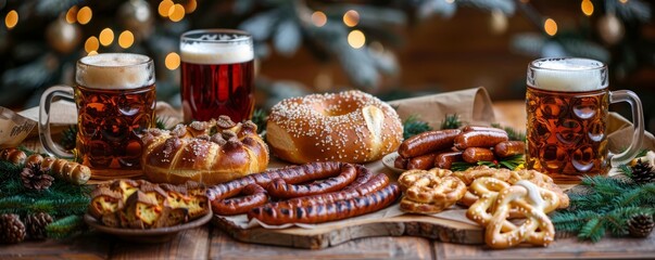 Rustic table set with beer steins, pretzels, and sausages under festive decor.