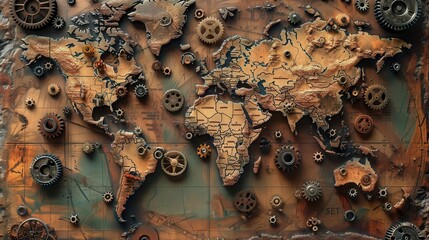 A world map overlayed with gears and machinery, some broken, indicating the fragility of global supply chains, steampunk, digital illustration, warm tones, detailed textures