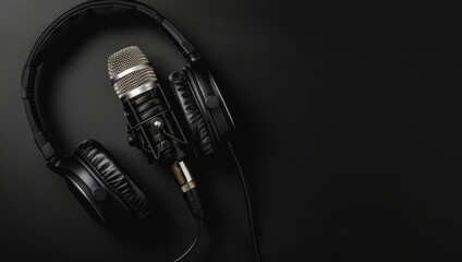 Black microphone and headphones on a black background with copy space for text, a closeup view of podcast or radio studio equipment, banner design
