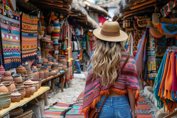 Obraz premium A female tourist strolls through a vibrant indigenous crafts market, marveling at handmade pottery and textiles while surrounded by the lively hustle and unique culture of the artisans