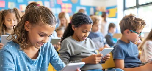 Elementary school children learn to use gadgets in the classroom