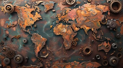 A world map overlayed with gears and machinery, some broken, indicating the fragility of global supply chains, steampunk, digital illustration, warm tones, detailed textures