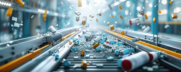 A conveyor belt abruptly broken, with products falling, symbolizing supply chain risks, industrial style, 3D rendering, cool tones, high detail