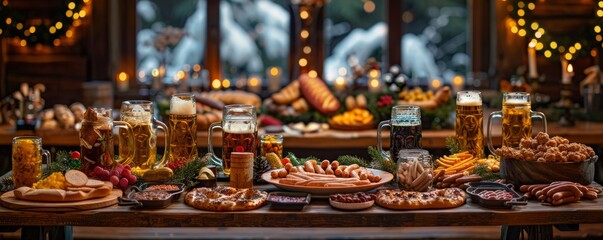 Rustic table adorned with beer steins, pretzels, and sausages under decorations.