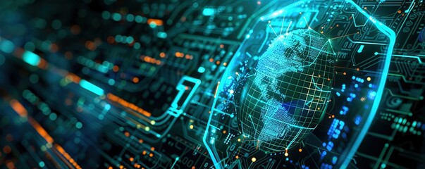 advanced technology futuristic background featuring a globe with a neon blue shield