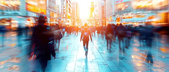 Motion blur photo of a bustling city street with lights, people in motion, and a stunning sunset at the horizon.