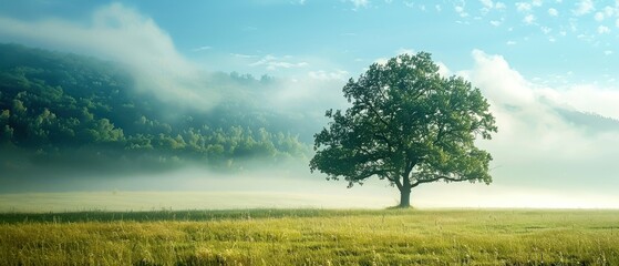 Solitary tree in a misty meadow with rolling hills in the background, embracing the serene beauty of nature.