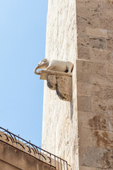 Elephant Statue on Medieval Tower in Carriage, Sardinia, Italy.
