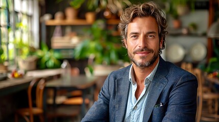 Fototapeta premium Portrait of a confident man in a cozy cafe, surrounded by plants and warm lighting. Ideal for lifestyle and business stock photos.