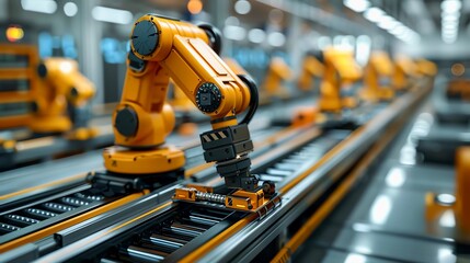 Fototapeta premium Industrial robotic arms working in a factory automation assembly line, demonstrating advanced manufacturing and technology.