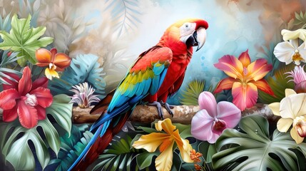 Obraz premium Colorful parrot perched on branch amidst vibrant tropical flowers and lush green foliage, creating a vivid and exotic setting.