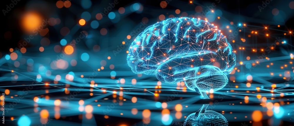 Wall mural futuristic artificial intelligence concept showing a glowing brain surrounded by a network of connec