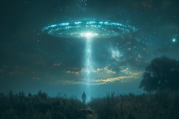 Fantasy scene of a UFO beaming light down into a desolate field. A man seen from the back is silhouetted against the spaceship's light beams. 