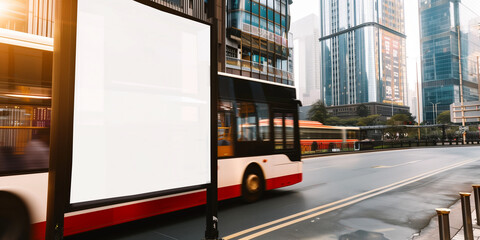 Obraz premium high-quality image featuring an empty poster mockup on the side of a moving bus.