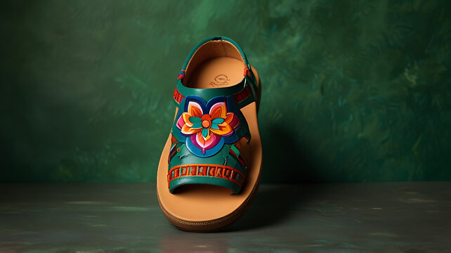  A pair of colorful Mexican huarache sandals placed on a vibrant green background, ideal for showcasing cultural vibrancy and craftsmanship.