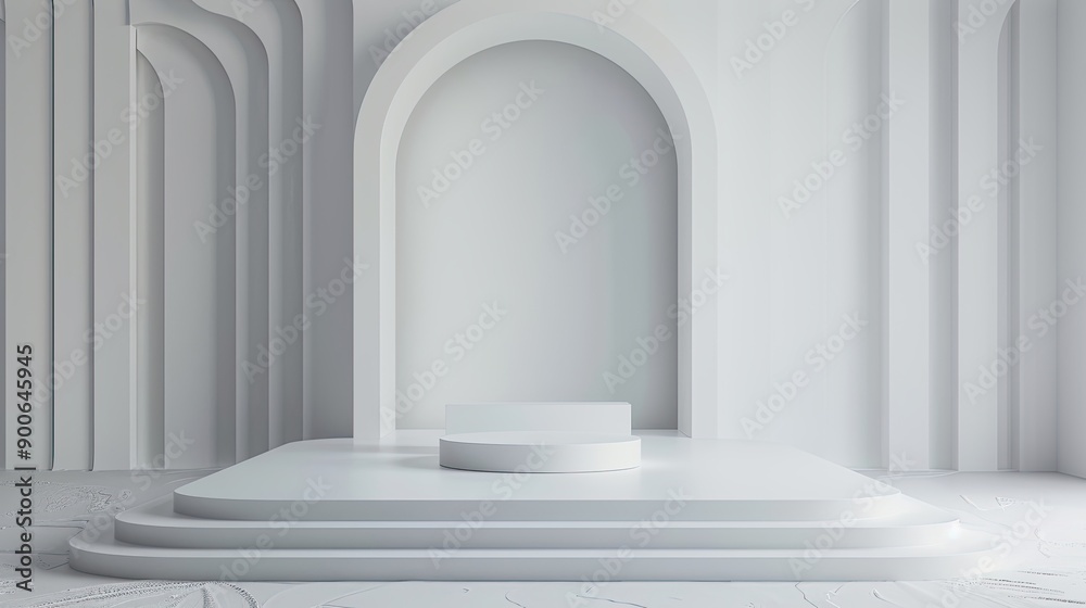 Poster minimalist white studio setting featuring square podium and archways for contemporary display