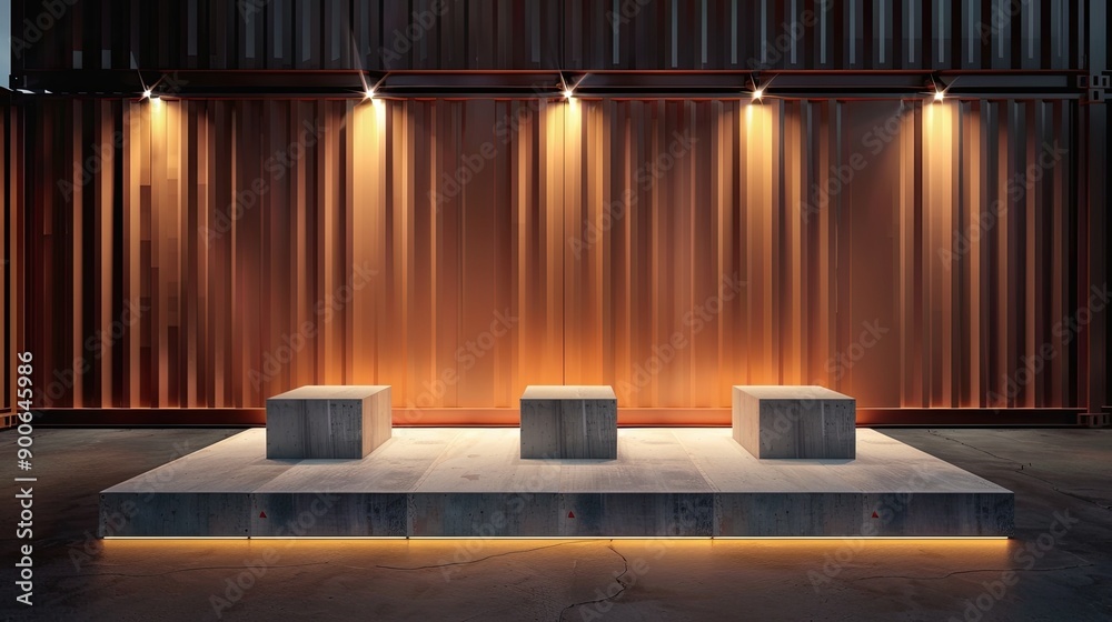 Poster Illuminated Product Display Area With Three Square Bases in an Urban Environment