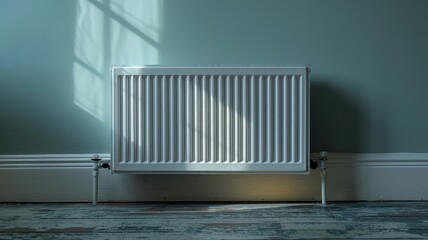 Modern White Radiator Against Light Blue Wall in Sunlit Room with Wooden Floor