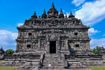 Plaosan temple or plaosan Hindu temple under clear blue sky and beautiful clouds