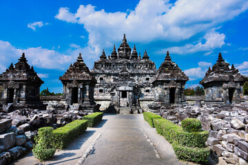 Plaosan temple or plaosan Hindu temple under clear blue sky and beautiful clouds