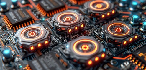 A machine with a small speedometer with orange and blue lights